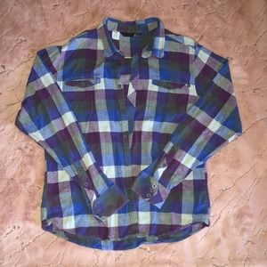 Plaid Fleece Flannel— purple, olive, blue, gray.